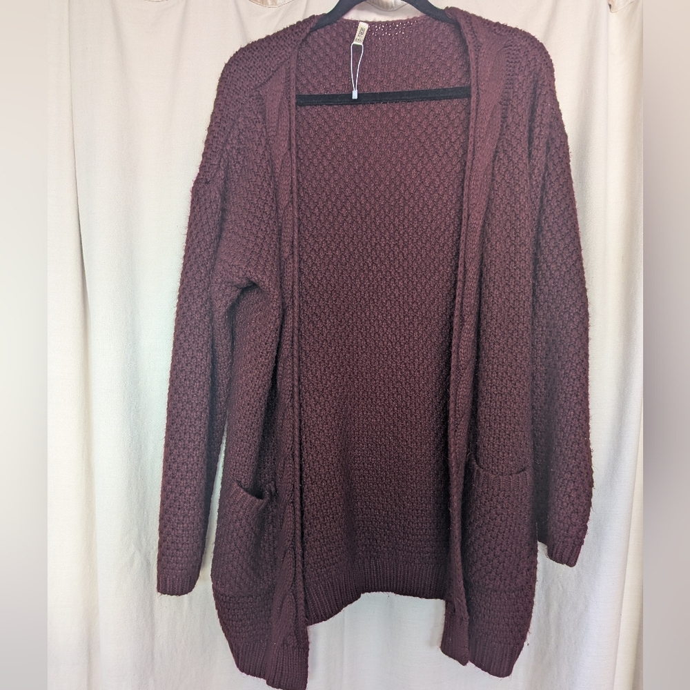 Cable Knit Cardigan Sweater Burgundy 2XL